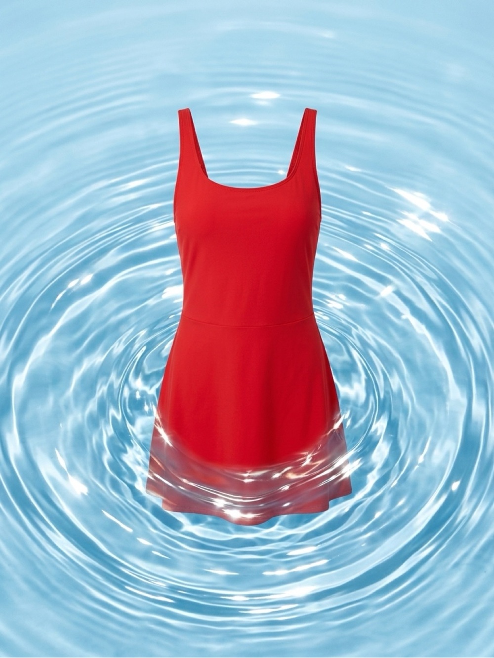 Amazon Red Scoop-Neck One-Piece Swim Dress with Flared Skirt